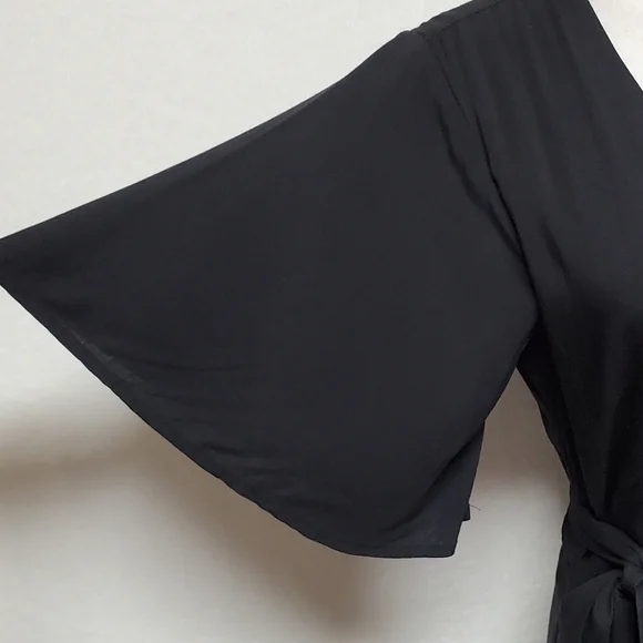 KOKO+MASON Black V-neck Asymmetric Ruffle Hem Butterfly Sleeve Wrap Dress Medium - Picture 6 of 16